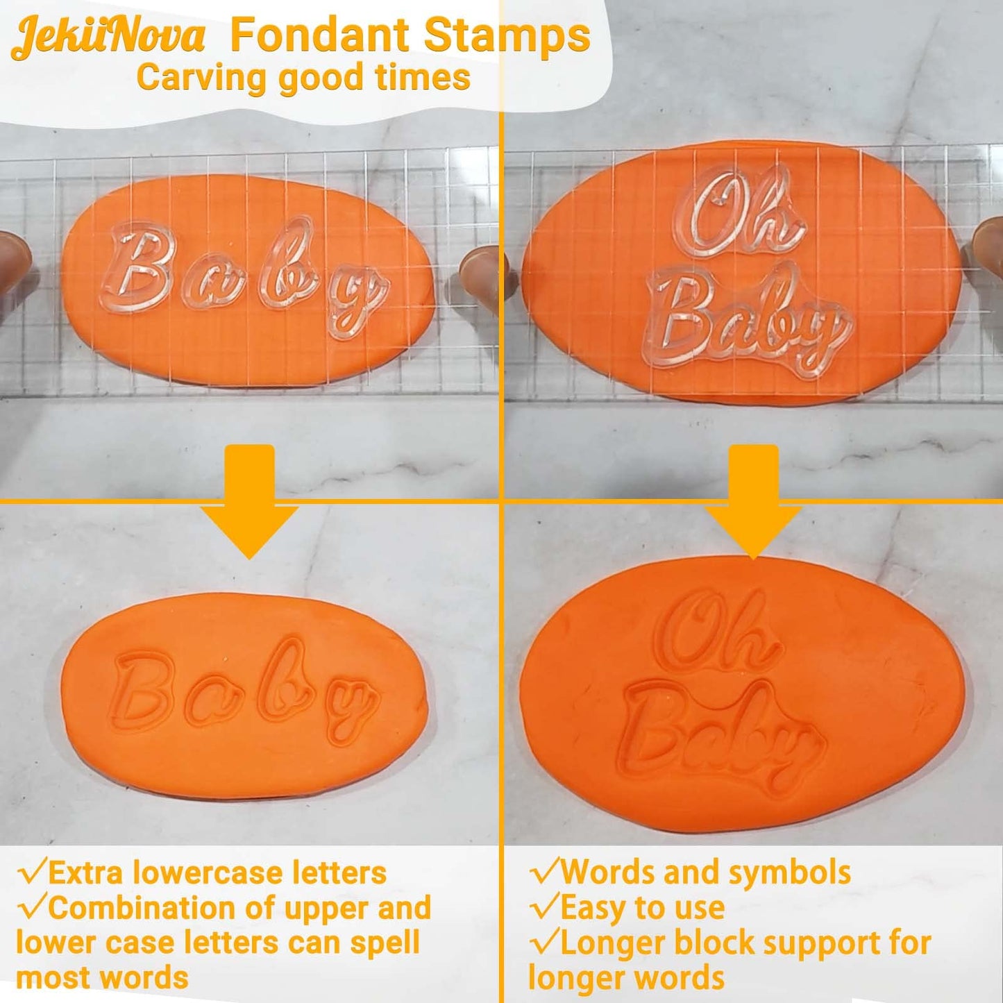 4PCS Alphabet Cake Stamps Tool with Brushes for Fondant Cookie Biscuit, Pretty Handwriting Food Grade Fondant Letter Stamp Uppercase Lowercase Numbers Words Reusable Cookie Stamp for Christmas Party