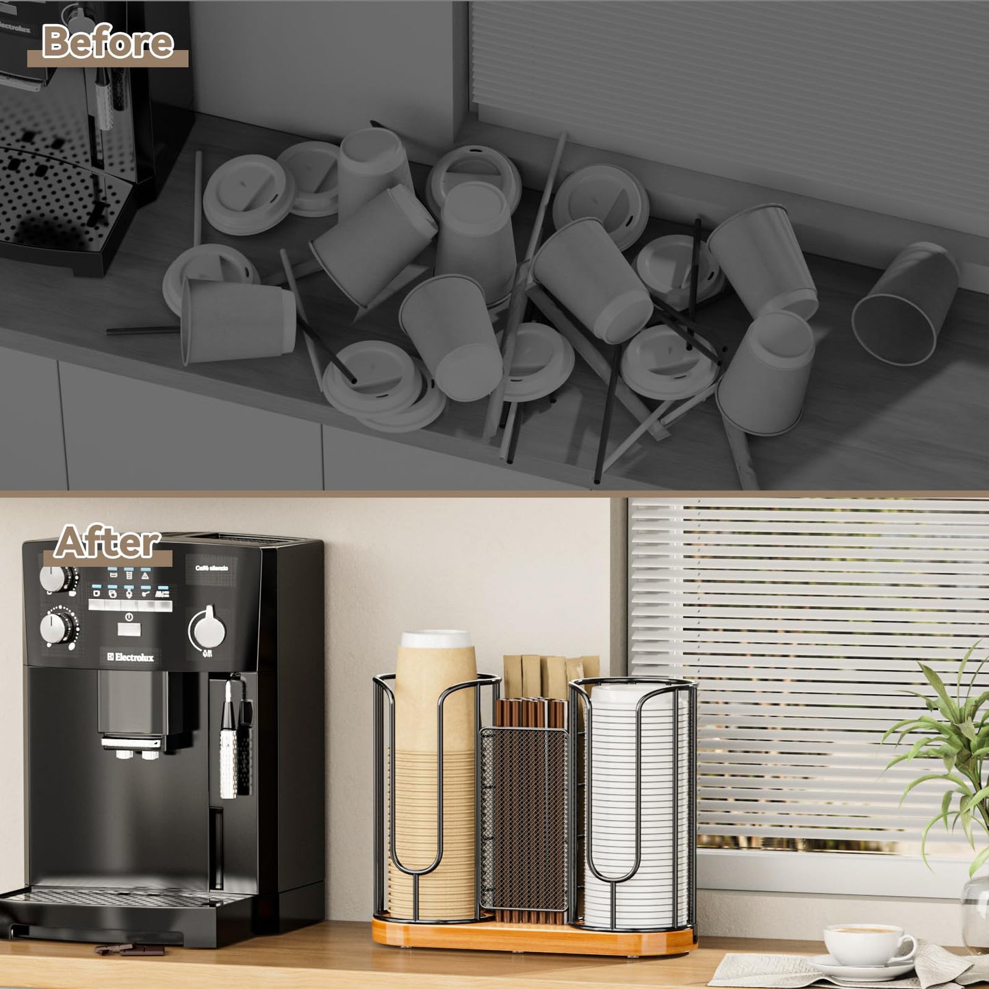 Coffee Cup and Lids Holder - Disposable Cups Straws Organizer with Wooden Base - Paper Plastic Cup Holder Dispenser Storage for Countertop Coffee Station Bar Restaurant Office Breakroom Shop Kitchen