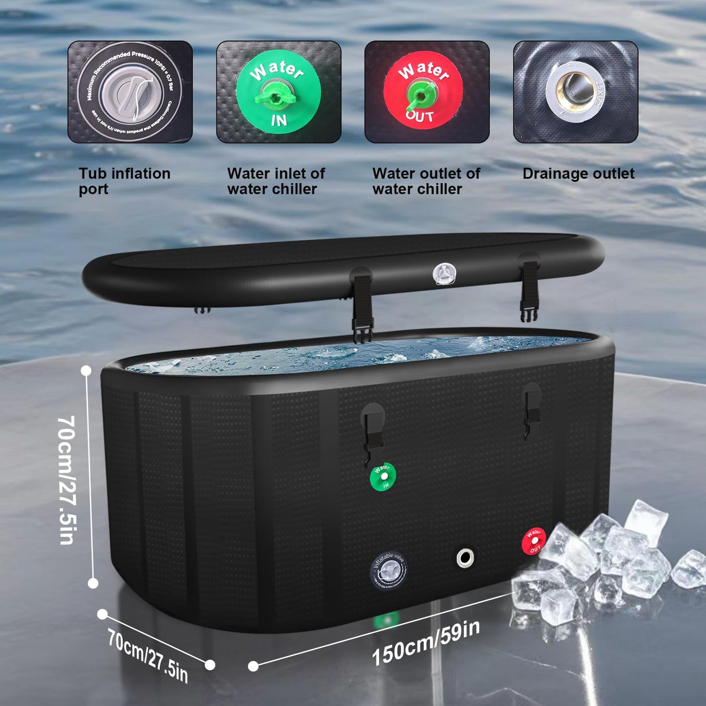 HotMax Drop Stitch Ice Bath Tub for Recovery 195 Gal, Compatible with Water Chillers, Cold Plunge Tub with Insulated Lid, Multi-layer Portable Tub for Cold Water Therapy(59IN*27.5IN*27.5IN)