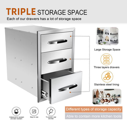 KODOM Outdoor Kitchen Drawers 14'' W x 21'' H x 21'' D, Flush Mount Triple Access BBQ Drawers for Outdoor Kitchens or BBQ Island Patio Grill Station, Silver