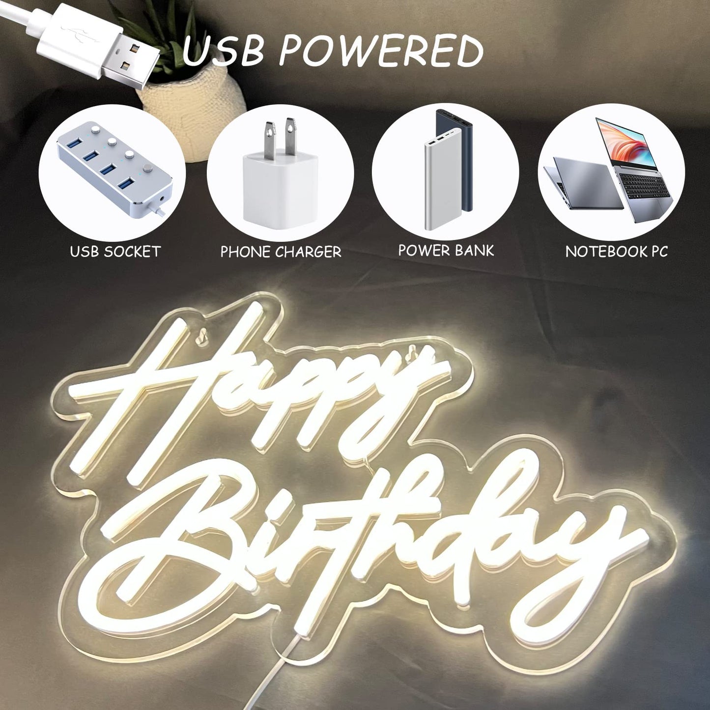 Happy Birthday Neon Sign for Wall Decor, Warm White LED Neon Light Signs, Art Decoration Happy Birthday Neon Light Sign for All Birthday Party Decoration with 2 Pcs Pasters (17×12 Inch)
