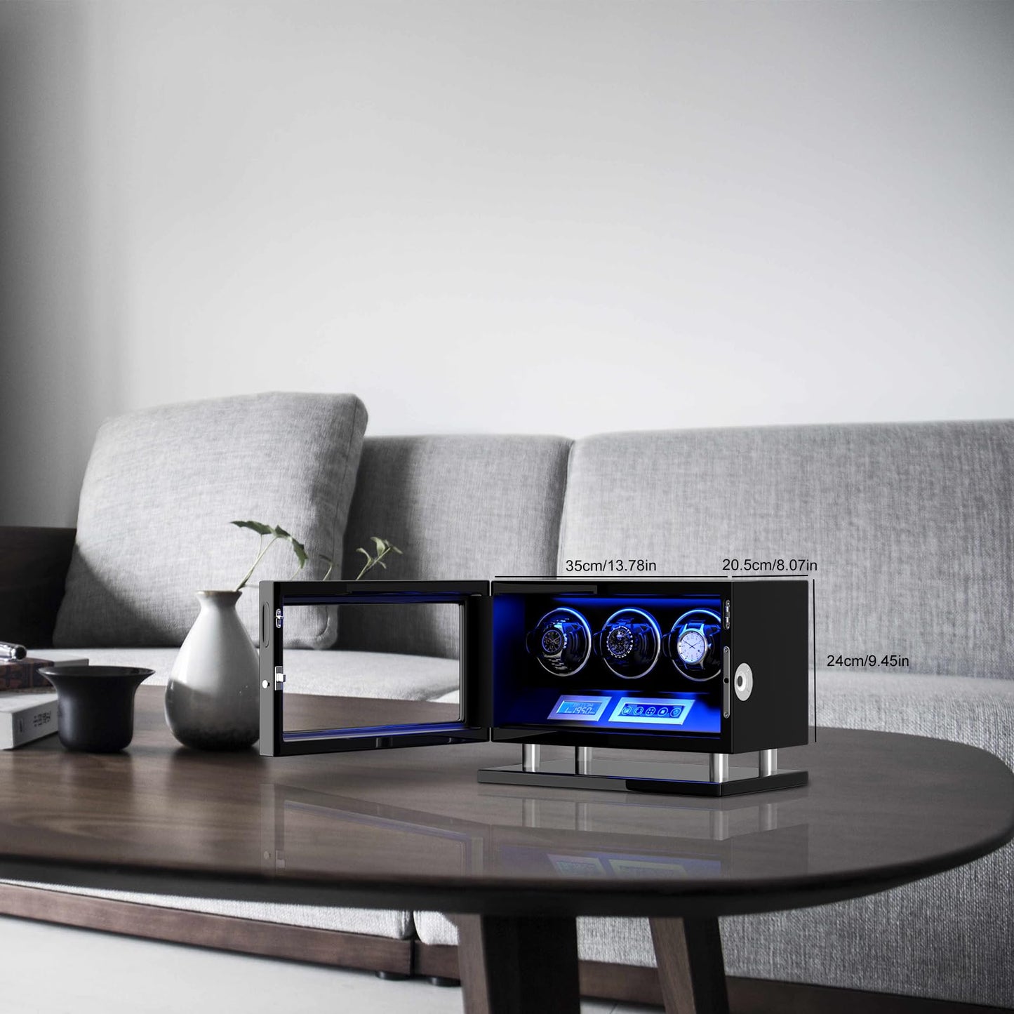 DUKWIN Watch Winder for 3 Automatic Watches,Fingerprint Lock Watch Winders with LCD Touchscreen, Blue LED Light, Remote Control,Adjustable Pillow and Quiet Motor for Universal Watches, 5TPD
