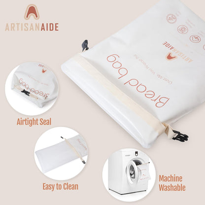 12x17 Reusable Bread Bag for Homemade Sourdough - in Organic Cotton + Food-Safe Lining Roll-Top Buckle Closure, Freezer