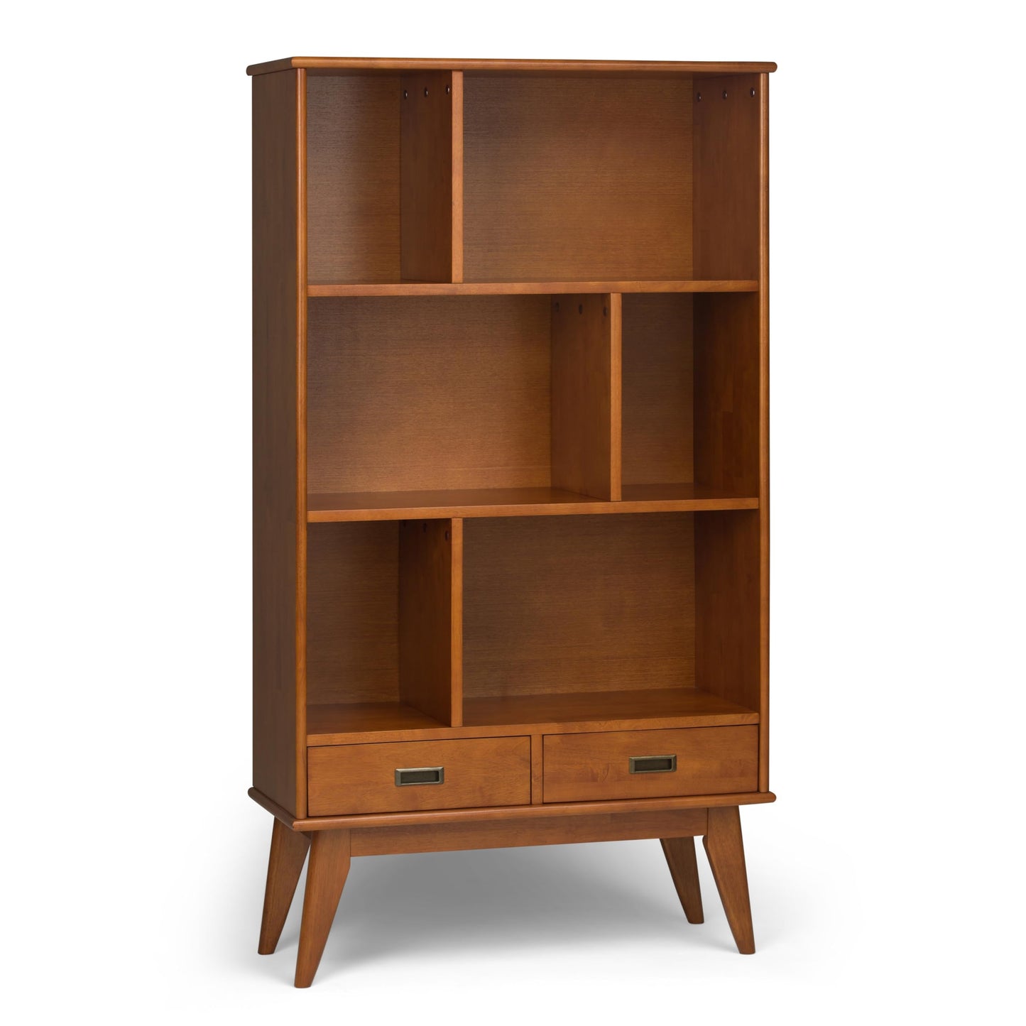 SIMPLIHOME Draper Bookcase - 64 inch Tall Solid Wood Wide Storage Bookshelf in Teak Brown, Mid-Century Modern Storage for Living Room, Study Room or Office with Adjustable Shelves and Tapered Legs