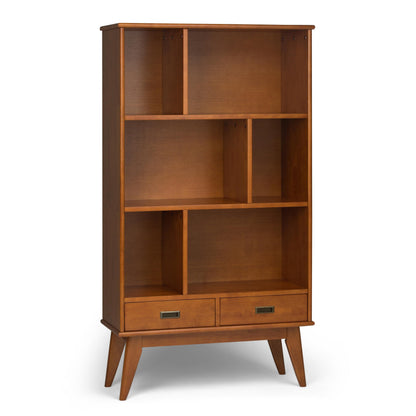 SIMPLIHOME Draper Bookcase - 64 inch Tall Solid Wood Wide Storage Bookshelf in Teak Brown, Mid-Century Modern Storage for Living Room, Study Room or Office with Adjustable Shelves and Tapered Legs