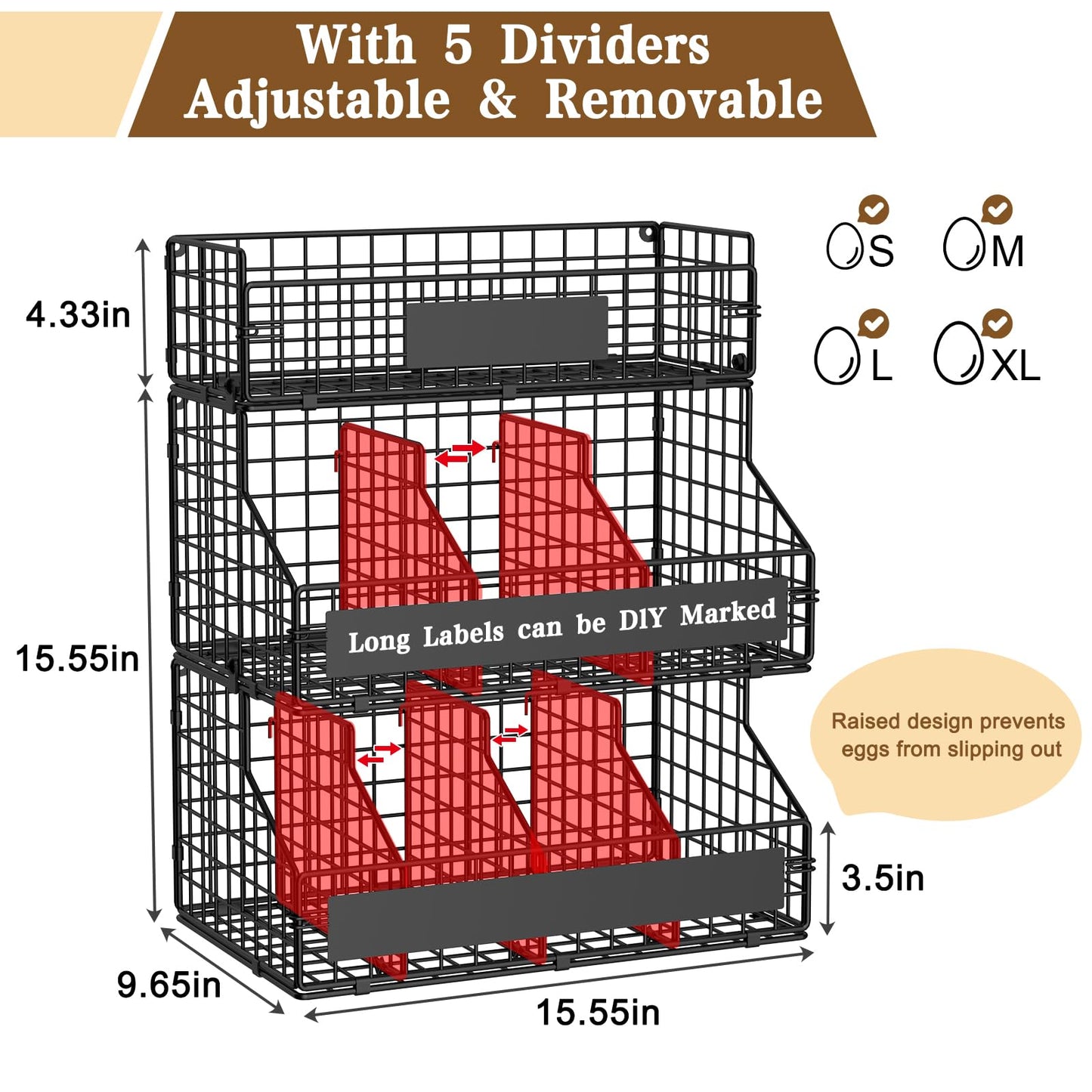 keomaisyto Egg Holder Countertop with 5 Dividers & DIY Nameplate to Separate Eggs, 3 Tier Stackable Wire Storage Baskets for Gathering Fresh Eggs, XXL Large Egg Rack, Wall-Mounted (Patent Pending)