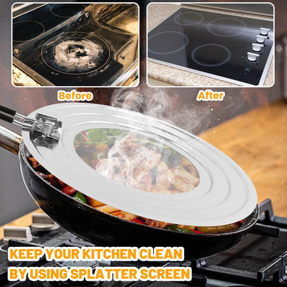 Stainless Steel Splatter Screen for Frying Pan, Collapsible Grease Splatter Guard with Folding Insulated Handle for Fry Pans, Cover Oil Splash from Bacon, Oil or Deep Fryer(SIZE:11.81inch)