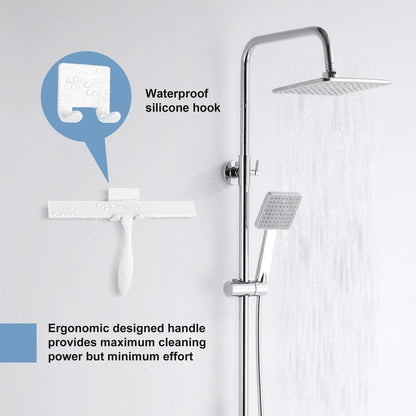 Shower Squeegee for Glass Doors, 11-Inch Silicone Squeegee with Non-Slip Handle and Adhesive Hook for Bathroom, Mirror, Tile, Car Window (White)