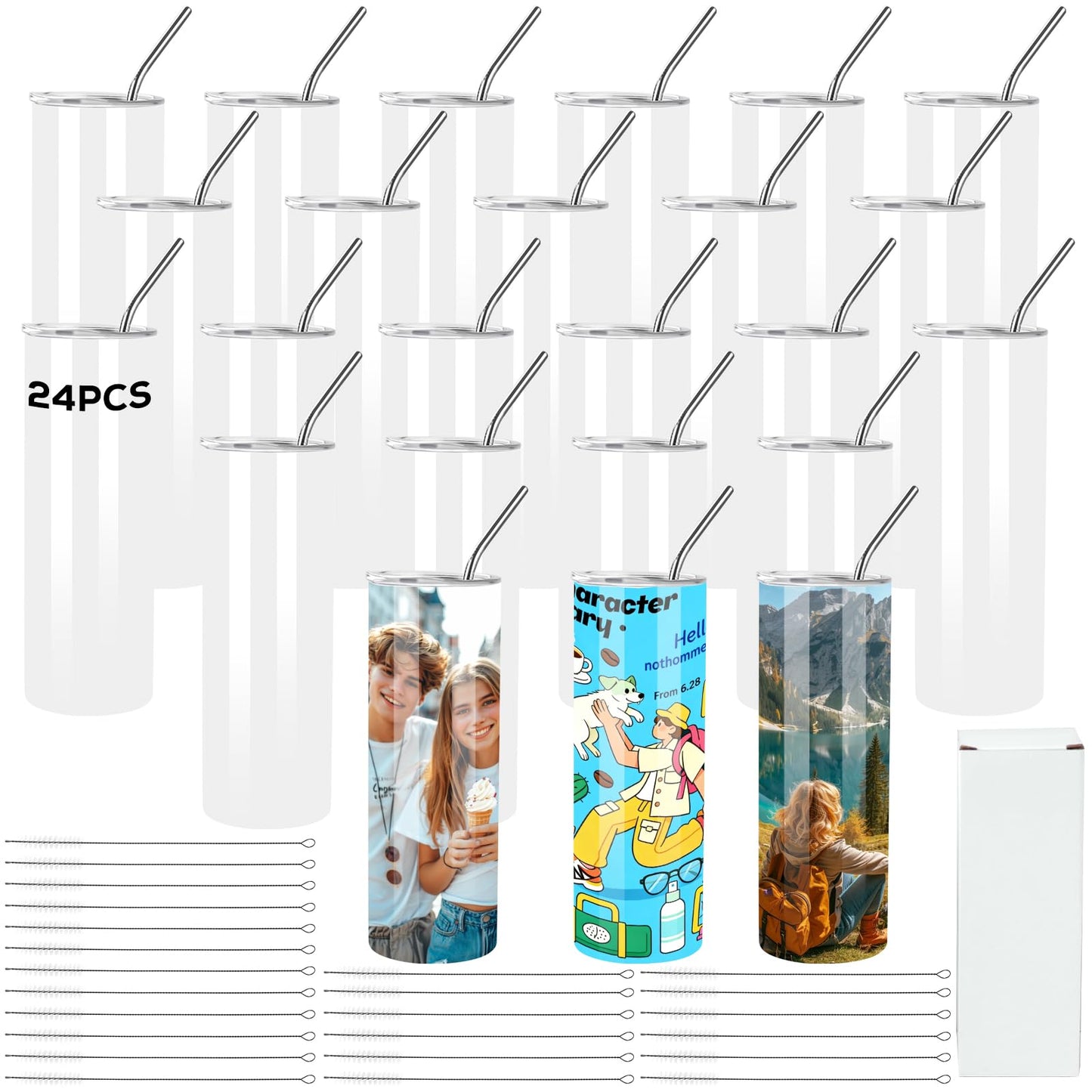MAIKESUB 24 Pack 20oz Straight Skinny Sublimation Tumblers with Lids – Blank Metal Tumbler Set for Dye-Sublimation Decoration, Vinyl Crafts & DIY Personalized Gifts