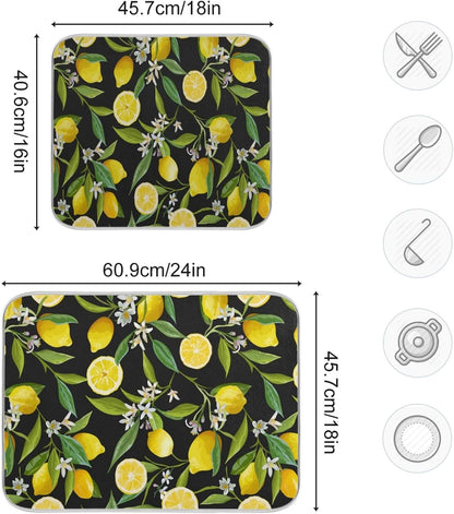 ALAZA Yellow Lemon on Black Dish Drying Mat, Absorbent Microfiber Large Drying Pad for Kitchen Counter