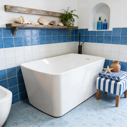 49" Acrylic Freestanding Soaking Bathtub, Matte Black Drain & Overflow, Modern Design Unique Tub for Home Bathroom Renovations, Glossy White
