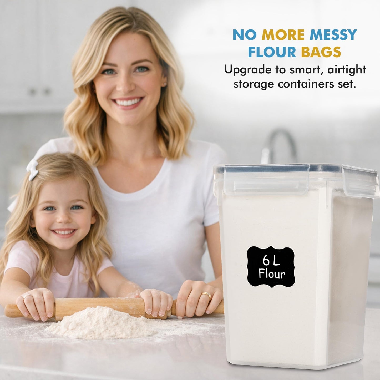 Shazo Flour Sugar Storage Containers Set of 3 (6L, 2.9L, 1.1L) Large Airtight Food Storage Containers with Lids, BPA-Free Plastic Container for Kitchen & Pantry Organizers, Cereal, Rice & Pasta