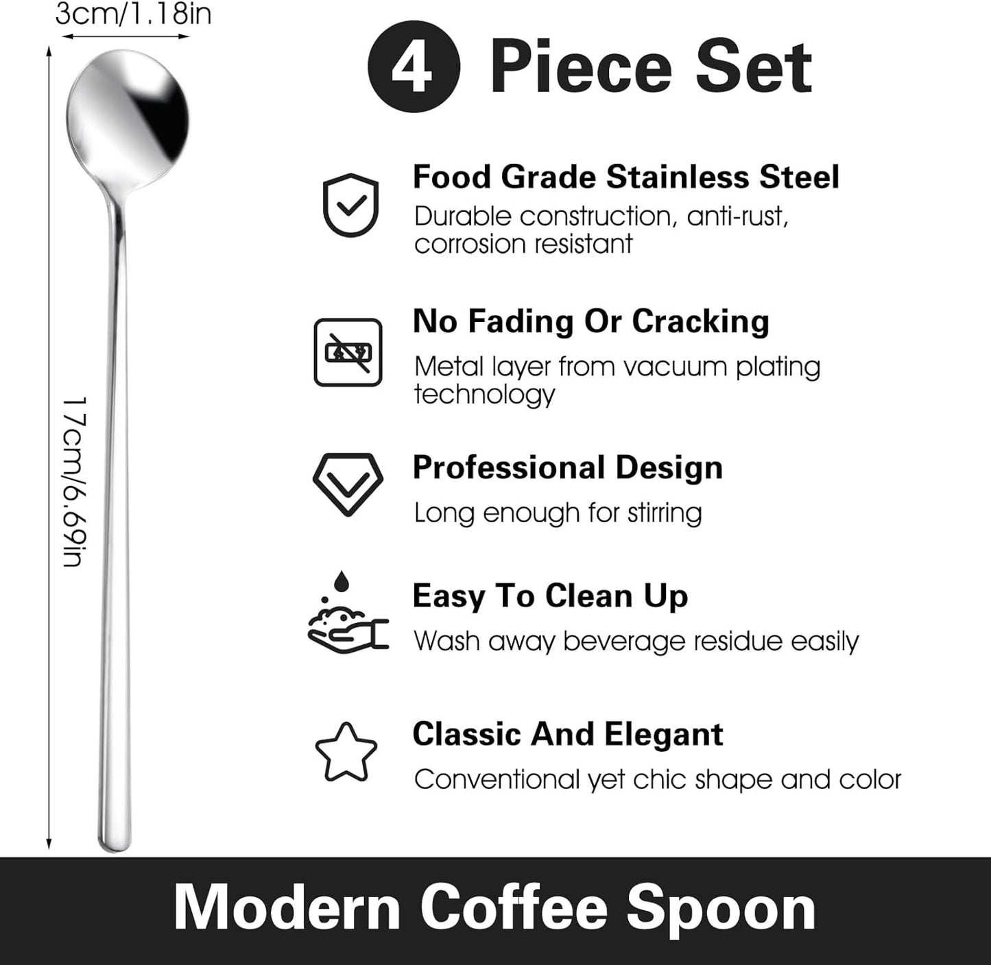Long Ice Tea Spoons, 6.7 Inch Stirring Spoons, Silver Coffee Cocktail Spoon for Stirring Ice Cream, 4 Pack