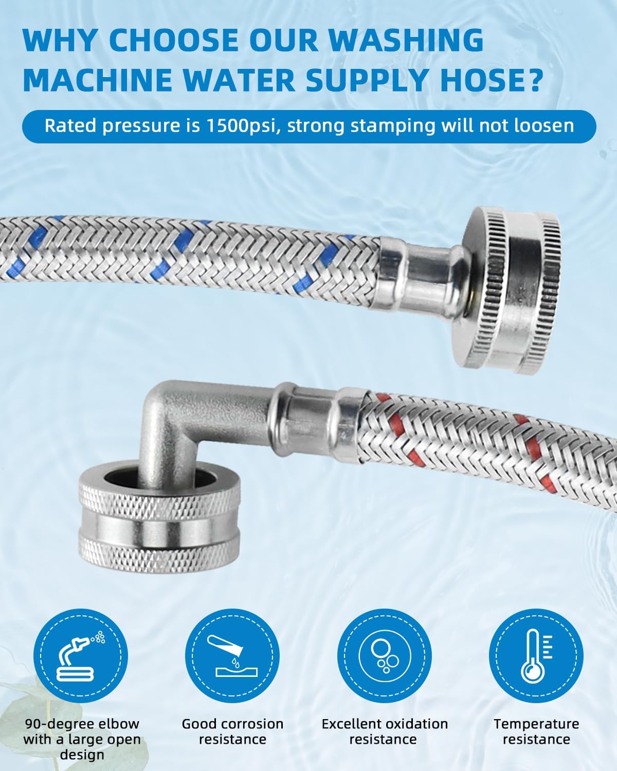 4ft Premium Burst-Proof Stainless Steel Washing Machine Hoses, 90 Degree Elbow Water Connection Inlet Supply Lines