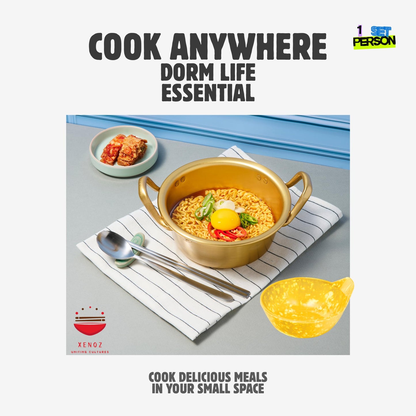 xenoz Korean Ramen Pot Set Single 1 Person Aluminum Cooking Pot with Bowl Chopsticks Spoon Lightweight Korean Cookware for Noodles Soup Dorm Cooking Made in Korea