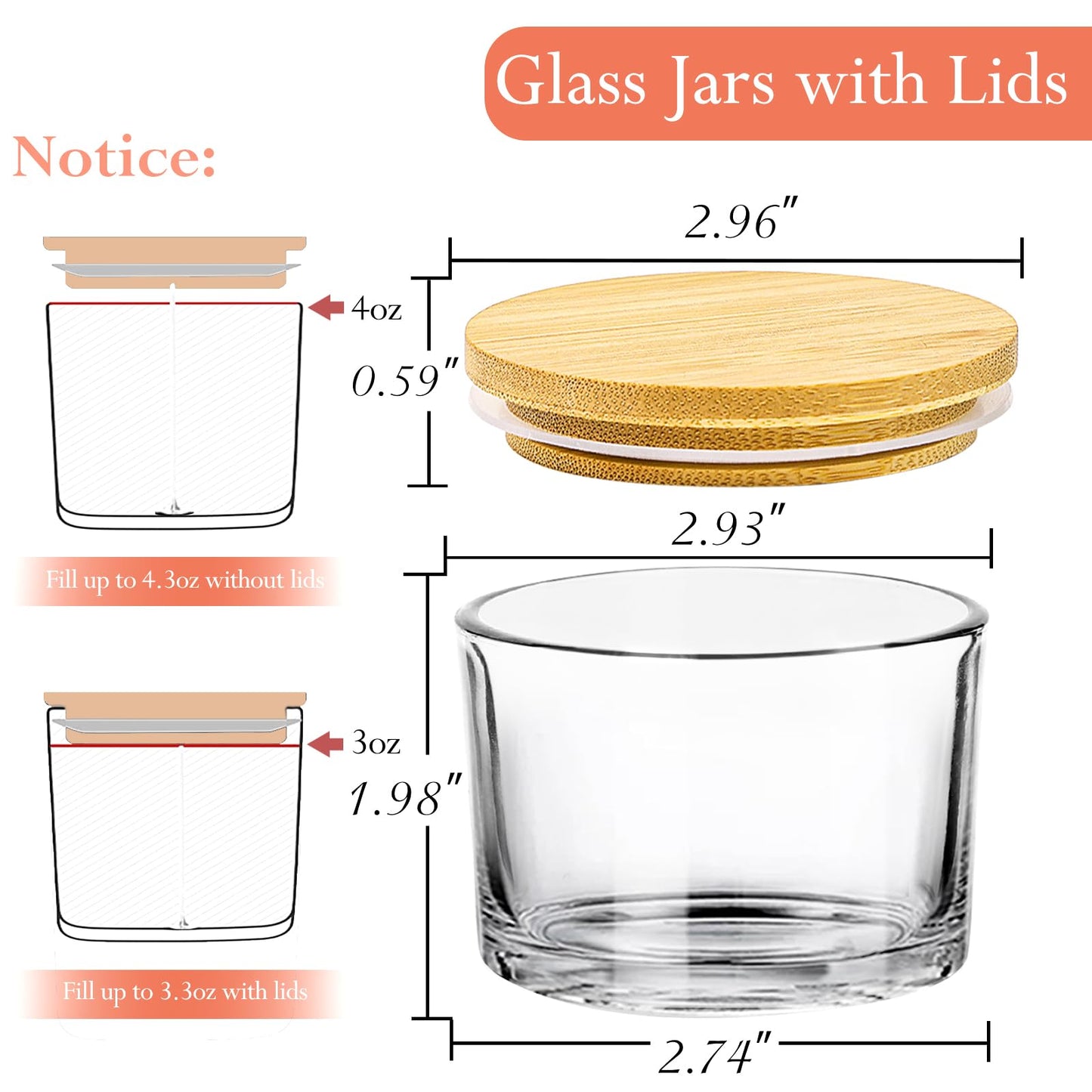 CONNOO 15 Pack 4 OZ Clear Glass Candle Jars with Airtight Bamboo Lids for Making Candles, Bulk Small Wide Mouth Empty Candle Containers with Sticky Warning Labels - Dishwasher Safe