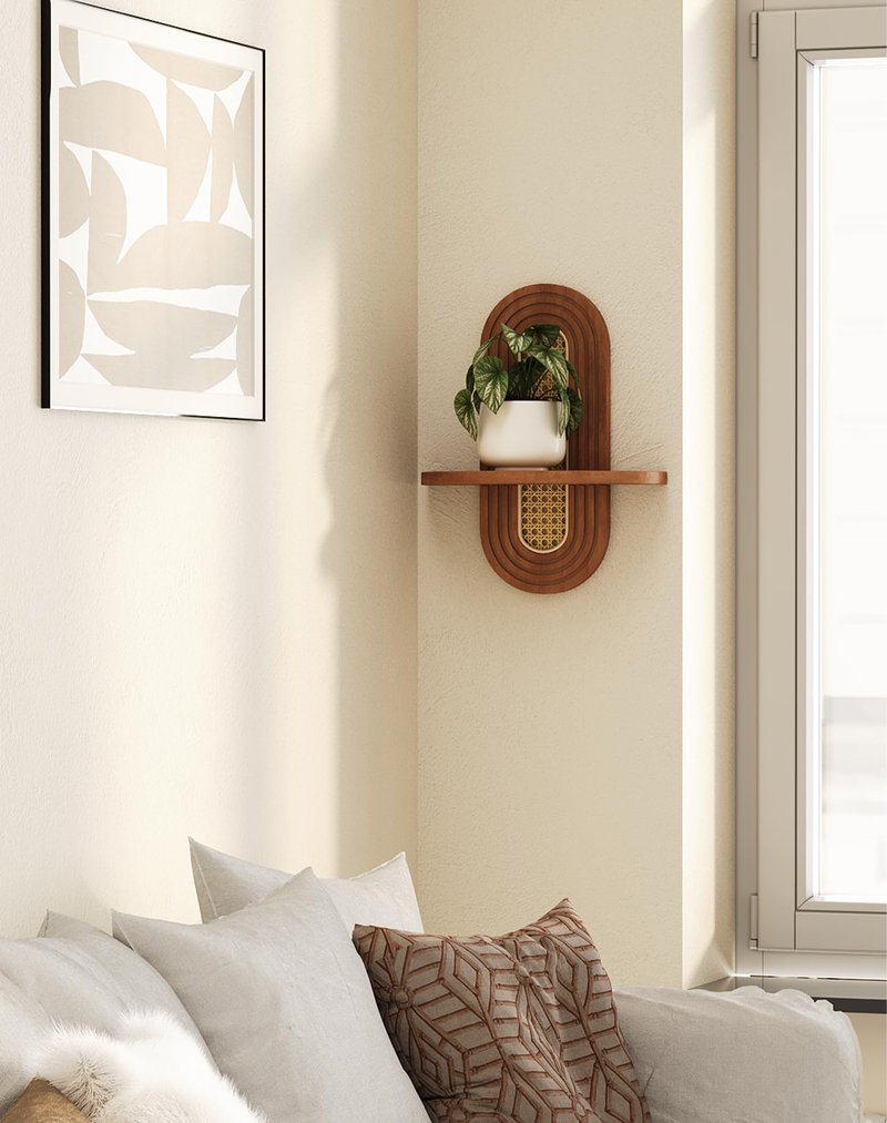 Hongsane Floating Shelves for Wall, Boho Home Wall Decor,Rattan Plant Shelf Set of 2, Mid Century Small Decorative Shelf, Natural Wood Shelves for Living Room,Bedroom,House,Office (Walnut)