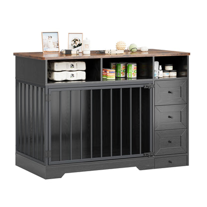 GarveeLife 48'' Dog Crate Furniture, Farmhouse Heavy Duty Dog Kennel with Bowl & Storage Drawers, Medium Dog Cage End Table for Small Medium Dogs, Black