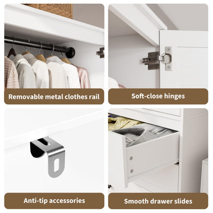 GarveeHome Armoire Wardrobe Closet with Drawers, 69.5 in Wooden Wardrobe Cabinet with Hanging Rod, 2 Doors Clothing Storage Cabinet for Bedroom, Large Capacity Storage, Louvered Door, White