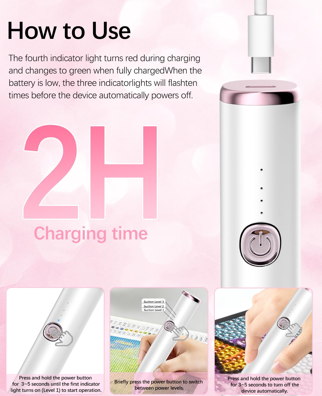 QIDUHUQI Electric Diamond Painting Pen, Diamond Art Vacuum Pen with Round and Square Nozzles, 3 Powerful Suction Modes, Cordless Diamond Art Accessories for Home Crafting and Gifts (Ivory White)