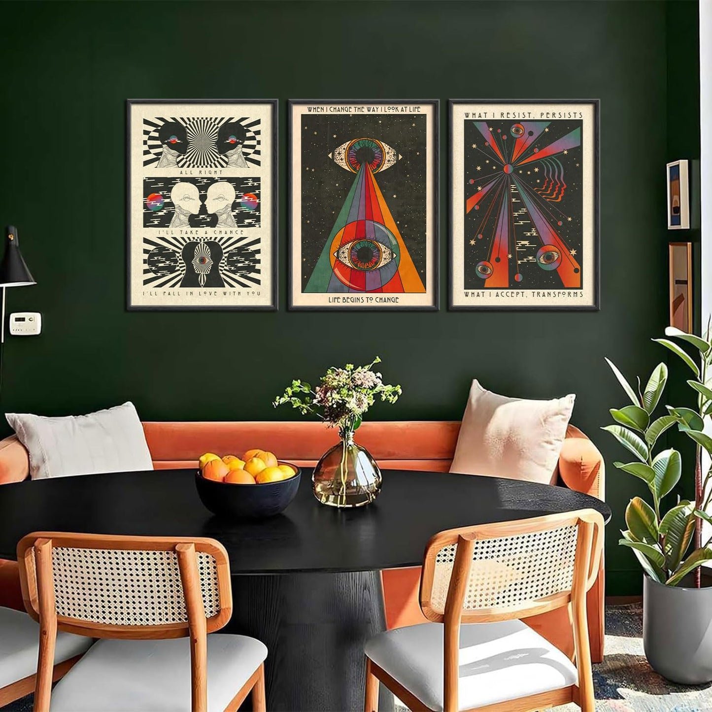 3Pcs Retro Hippie Wall Art 70's Psychedelic Eye Posters Wall Decor Meditation Inspirational Quote Prints Pictures Pop Art Style Spiritual Canvas Paintingfor Teen Bedroom Living Room Unframed