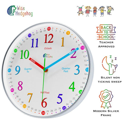 WISE HEDGEHOG Learning Clock for Kids, Silent Non Ticking, Telling Time Teaching Clock, Room Wall Decor for Bedrooms, Analog Kids Clock for Teaching Time, Kids Learn to Tell Time Easily