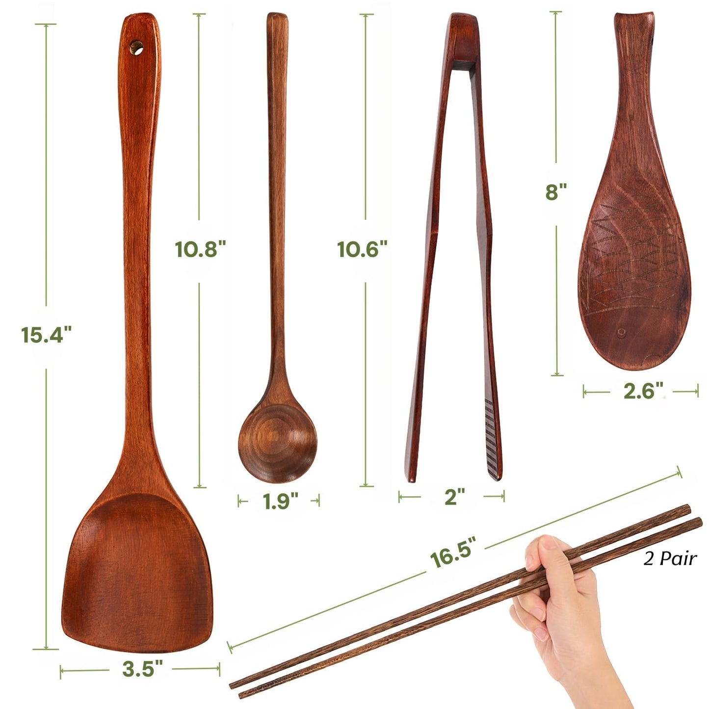 ZOOFOX 6 Pieces Wood Utensils Set, Nonstick Wood Kitchen Utensils with Japanese Style, Wooden Long Chopsticks, Spatula, Toaster Tong, Long Handle Spoon and Fish-shaped Rice Spoon for Cooking
