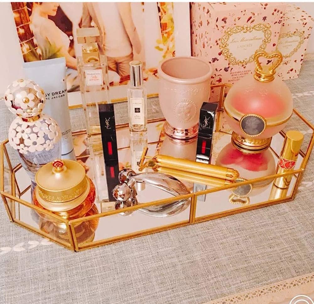 Large Mirror Gold Tray, Rectangle Metal Makeup Decorative Tray, Perfume Glass Jewelry Organizer for Vanity, Bathroom,