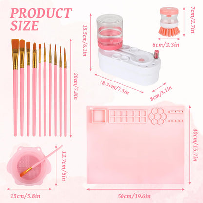 Painting Station, Silicone Painting Mat 20"X16" and Paint Brush Cleaner (Pre-Assembled), 10 Paint Brushes and Foldable Silicone Paint Brush Cleaner Bowl, for Artist Kids Adults Birthday Gifts (Pink)