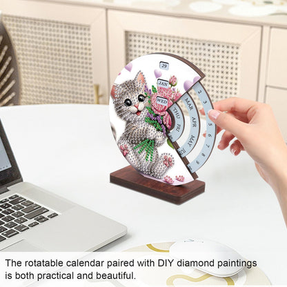 AiYuanzsh 3D Diamond Art Tabletop Perpetual Calendar Kit, DIY Wooden Desktop Ornament with Cute Cat Design, Sparkling Diamond Painting Desk Decoration Gift for Home & Office