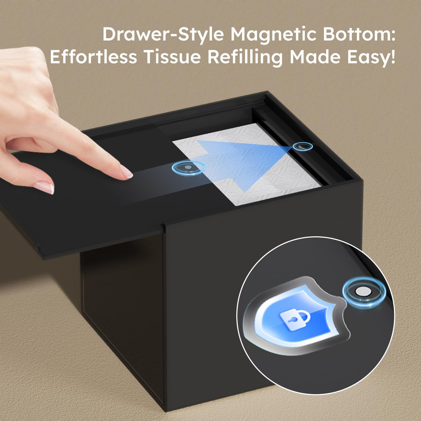 FEMELI Acrylic Tissue Box Cover Square - Matte Solid Cube Napkin Holder with Magnetic Bottom, Modern Decorative Facial Paper Dispenser for Bathroom, Bedroom, Kitchen - Black