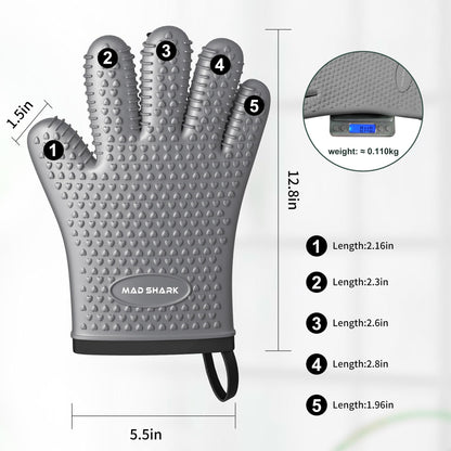 MAD SHARK Silicone Oven Mitts Heat Resistant 450 Degrees,Waterproof & Non-Slip Oven Gloves with Fingers,Cotton Lined Silicone Oven Gloves Kitchen Mitts for Baking Cooking Barbecue,Women,Oven (GREY1)