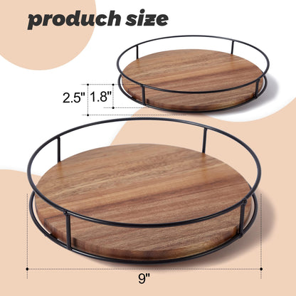 9" Acacia Wood Lazy Susan Turntable, Tomoaza Kitchen Organizer Turntable with Steel Sides, 360 Degree Lazy Susan for Countertop Cabinet or Dining Table