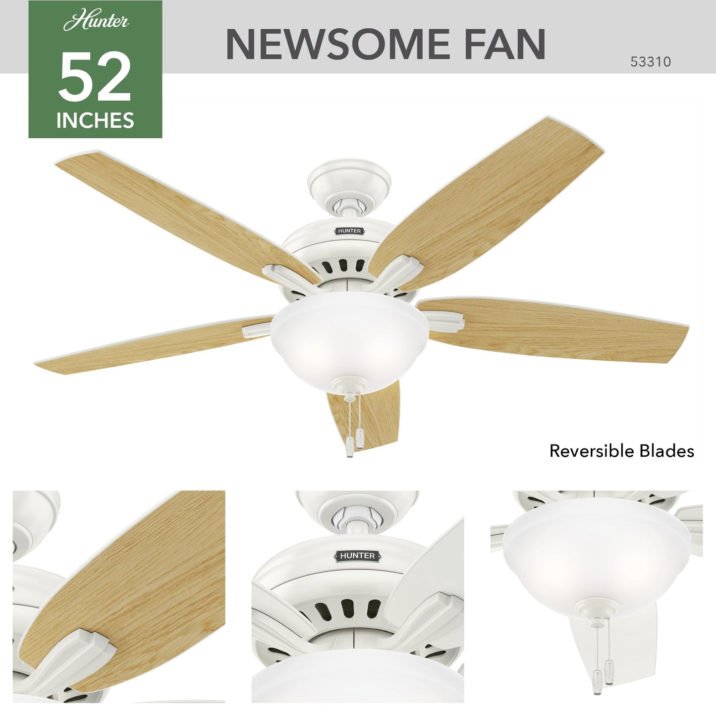 Hunter 52 inch Indoor Ceiling Fan with LED Light - White Ceiling Fan with Pull Chain, For Bedroom or Living Room, Standard Mount, No Remote, 5 Blades, Includes Bulbs - Newsome 53310, Fresh White