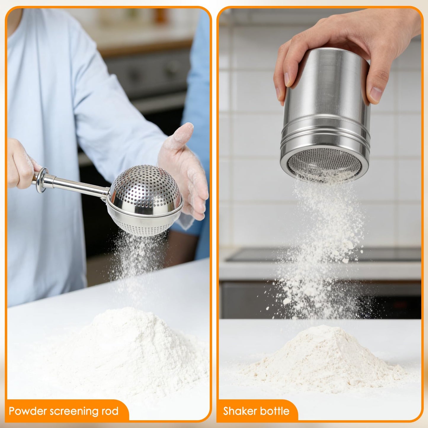 Flour Sifter for Baking, 3 in 1 Stainless Steel 3 Cup Flour Sieve Fine Mesh Sifter, Double-layer Squeeze Baking Sifter, Powdered Sugar Shaker Duster Set for Baking Cakes, Pastries, Cupcakes, Desserts