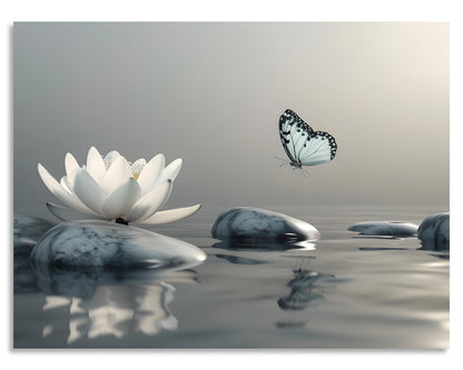 OWNANRTHM Zen Canvas Wall Art Lotus Bathroom Painting Lotus and Butterfly on Lake Pictures Large Butterfly Zen Poster for Yoga Spa Meditation Spirit Room Wall Decor Framed 12X16 inch
