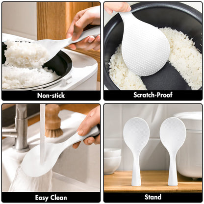 FireKylin 2 Pcs Plastic Rice Paddle,Non Stick Standing Rice Spoon Scooper Spatula,Heat Resistant Rice Cooker Spoon (White)
