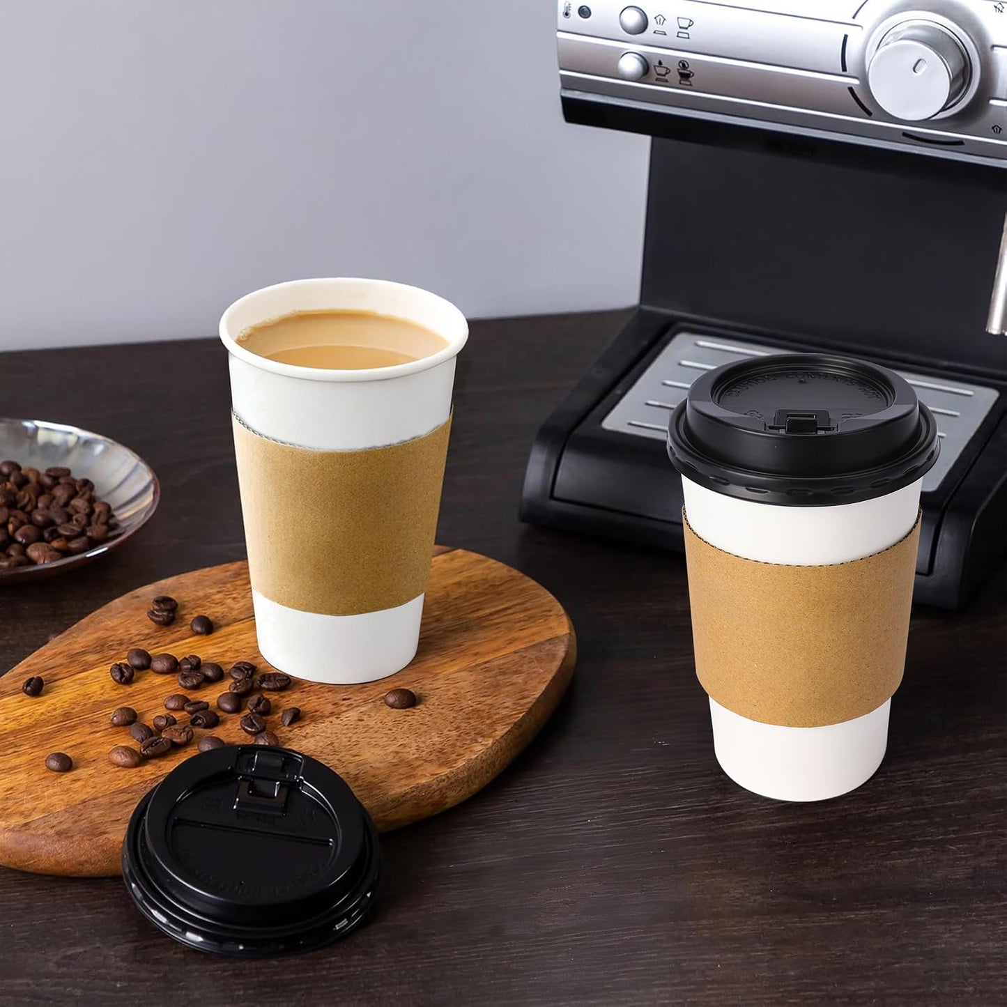 Lamosi 100 Pack 16 oz Disposable Coffee Cups with Lids and Sleeves, Leak-Proof To Go Paper Coffee Cups with Lids, Hot/Cold Beverage White Drinking Cup for Home, Office, Parties, Travel