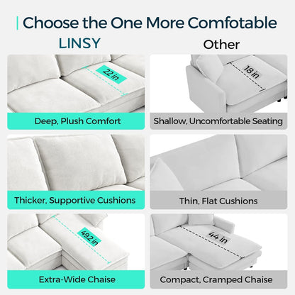 LINSY HOME Modular Sofa Chaise Lounge, 65" Cloud Sofa Bed Lounge with Armrests, Chenille Sleeper Sofa for Living Room, Apartment, Home Theater, Beige