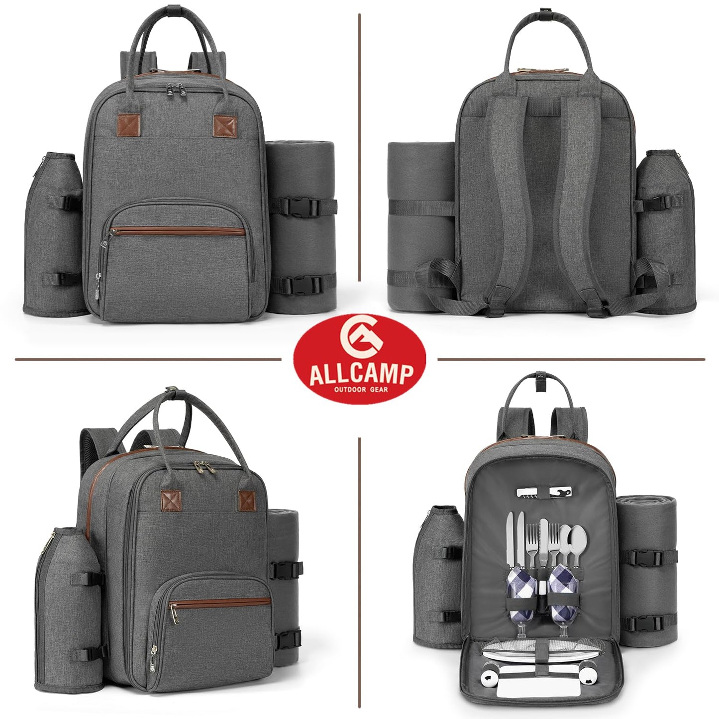ALLCAMP Picnic Backpack - Insulated Cooler Bag with Compartment, Detachable Wine Glass Holder, Throw Blanket & Cutlery Set, 2 Person Picnic Set for Family Outings, Couple Gifts (Gray)