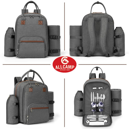 ALLCAMP Picnic Backpack - Insulated Cooler Bag with Compartment, Detachable Wine Glass Holder, Throw Blanket & Cutlery Set, 2 Person Picnic Set for Family Outings, Couple Gifts (Gray)