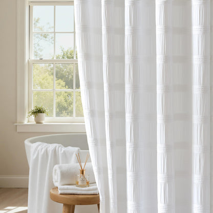 Lameirose White Shower Curtain Fabric, White Textured Shower Curtain Boho Cotton Blend Striped Waffle Shower Curtains for Bathroom 72 x 72