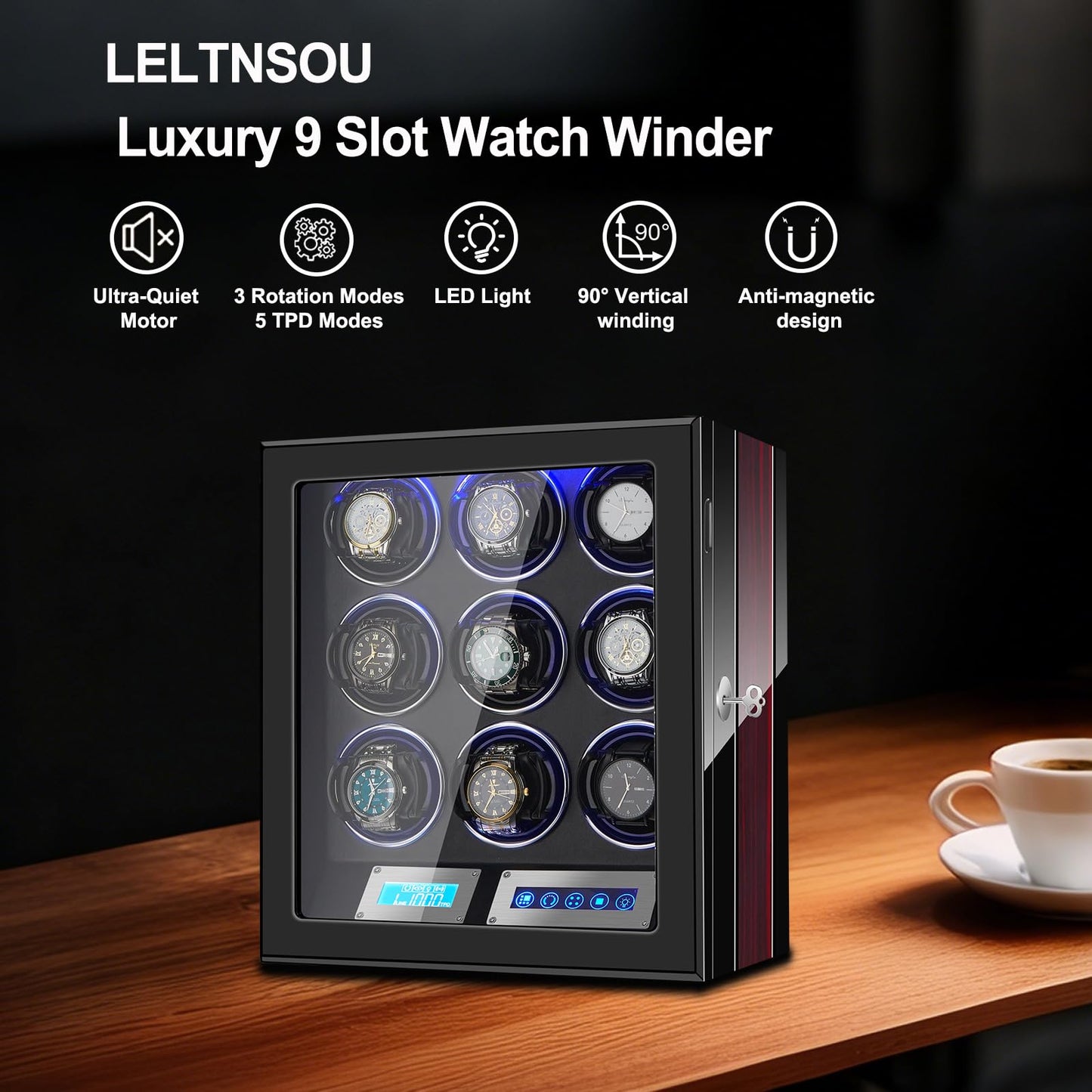 LELTNSOU Watch Winder for 9 Winding Spaces Automatic Watches, Ultra-Quiet Japanese Motors, Built-in LED Illumination and LCD Touchscreen Control