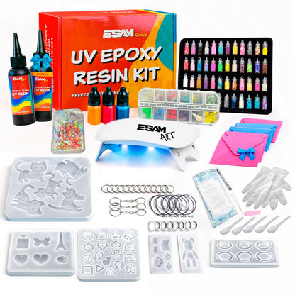 ESAM Group 300 Piece UV Resin Jewelry Making Kit for Kids, Teens & Beginners – Complete Starter Set with UV Lamp, 6 Silicone Molds, 48 Glitter Jars, Pigments, Dried Flowers & Tools