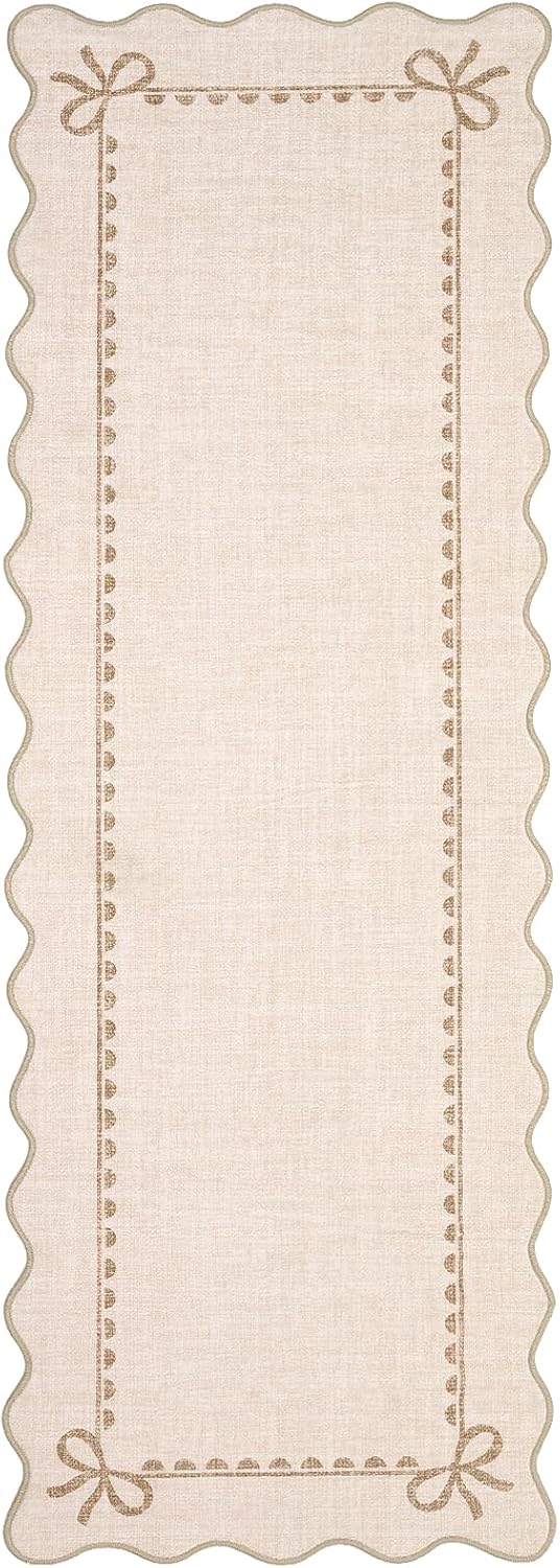 2.5x8 GarveeHome Scalloped Bow Rug for Living Room, Solid Beige Rug for Dorm, Washable Runner Rug Soft Low Pile Non