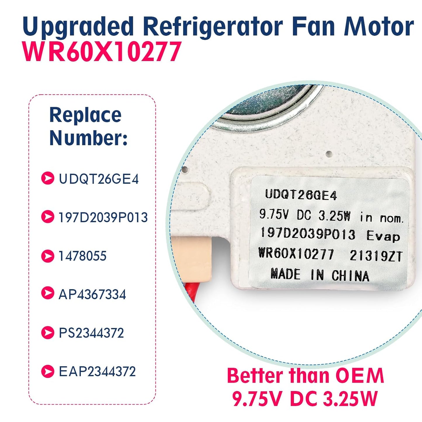 Upgraded WR60X10277 Refrigerator Evaporator Fan Motor, Fit for GE Freezer Evap Replace UDQT26GE4, AP4367334