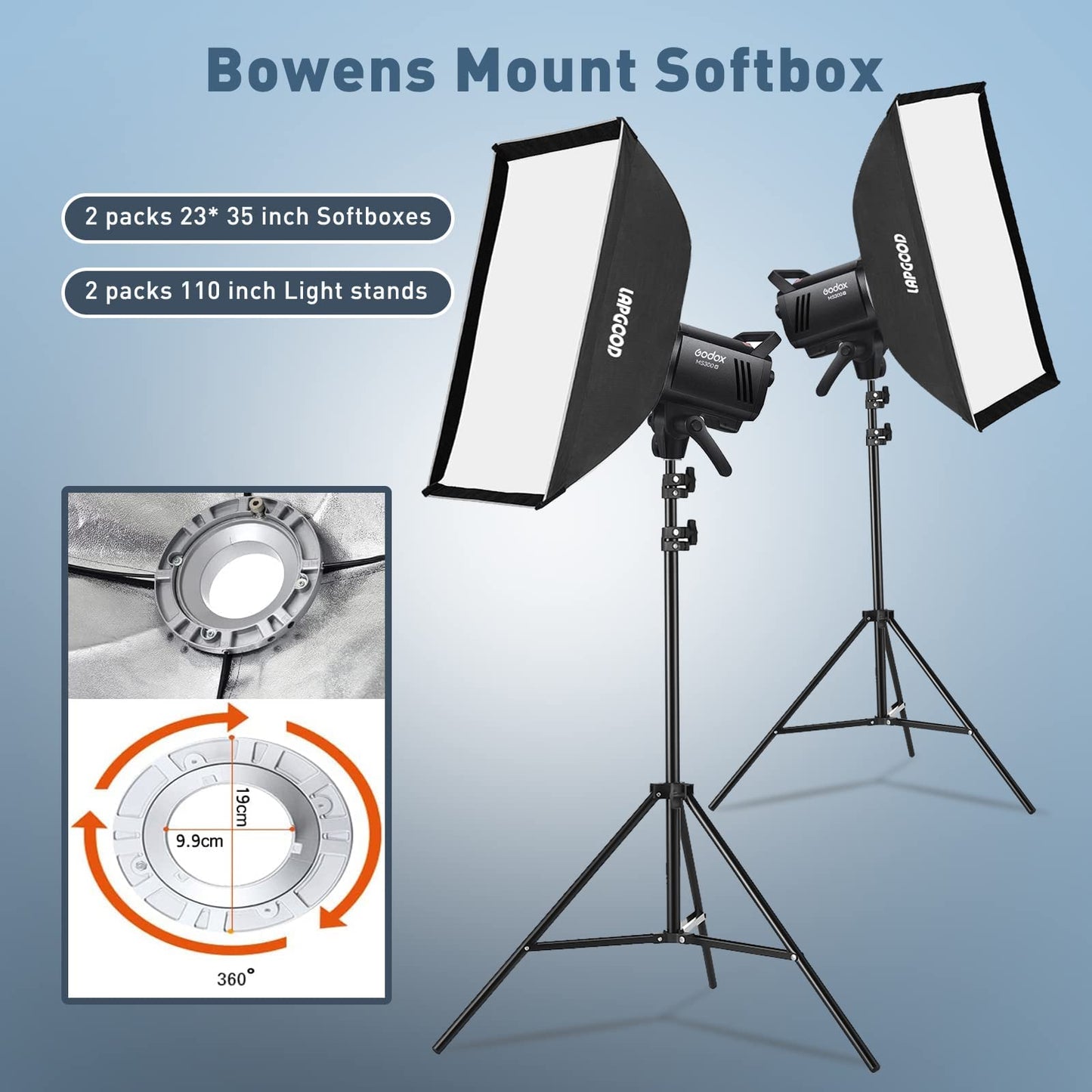 Godox MS300V Studio Flash Kit (2X 300W) with 2 Softboxes, 2 Light Stands, 2 Reflectors, LED Modeling Lamps, 2.4G Wireless X System, Bowens Mount – Ideal for Studio, Portrait & Fashion Photography