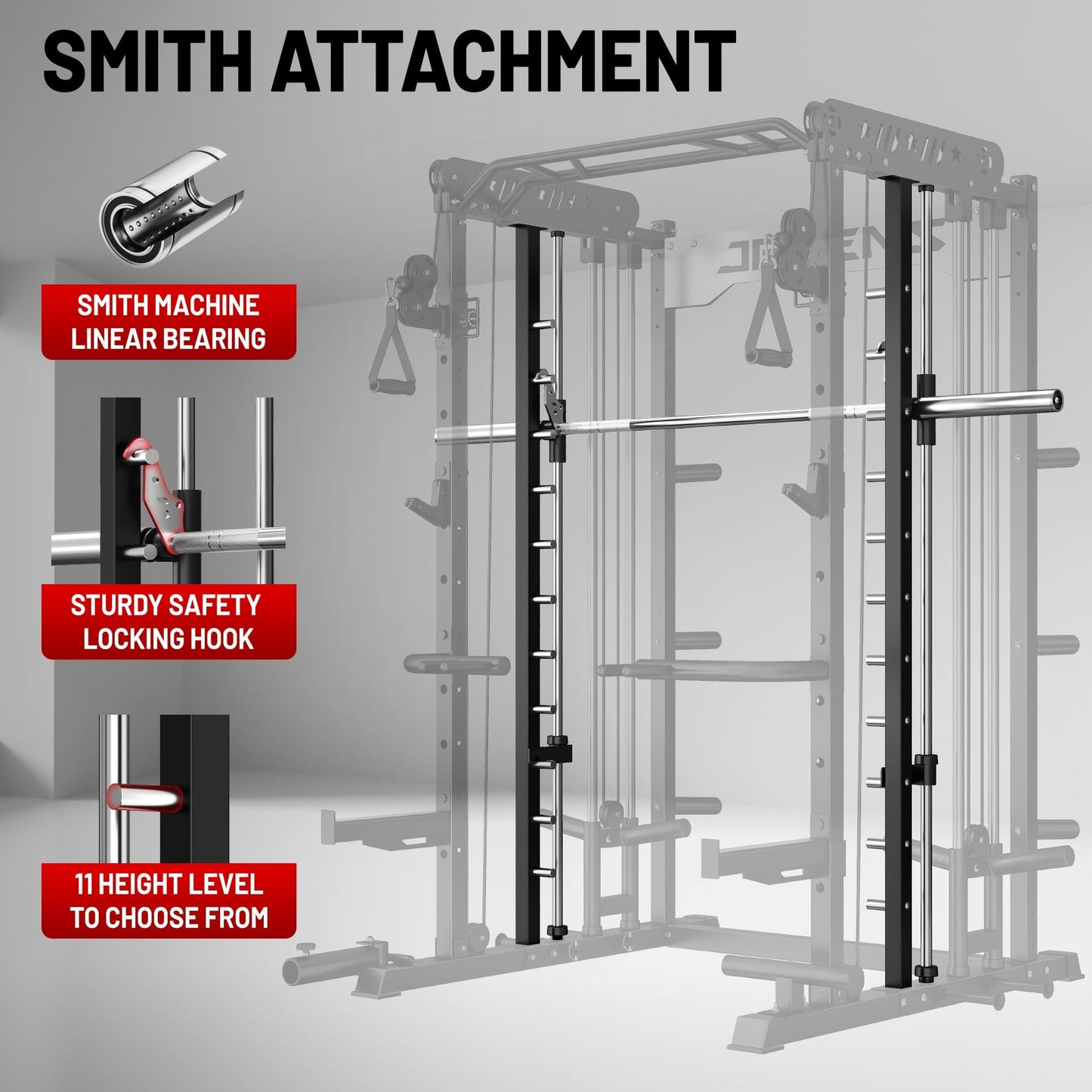 JELENS Smith Machine for Home Gym, Multi-Function M12 Power Cage, Squat Rack with Smith Bar and More Attachment (Black, 260LB Black Weights Package)
