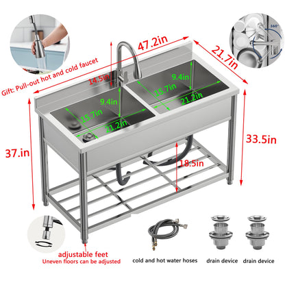 GGW 2-Compartment Commercial Sink, Stainless Steel Utility Sink with Pull-out Faucet, Free Standing Double Bowl Kitchen Sink for Restaurant, Garage, Shop, Cafe, Outoor, 21.7"D x 47.2"W x 37"H