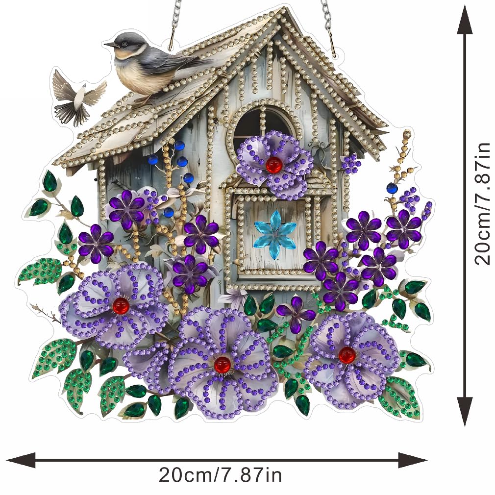Birdhouse Diamond Art Hanging Kit for Adult Flowers Bird,Special Shaped Rhinestone,DIY Acrylic 5D Diamond Art Painting Window Pendants Home Garden Wall Hanging Kits Hanging Ornament,Double-Sided